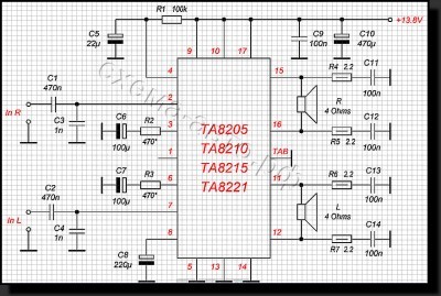 Усилитель на базе микросхемы TA8205, TA8210, TA8215, TA8221 схема